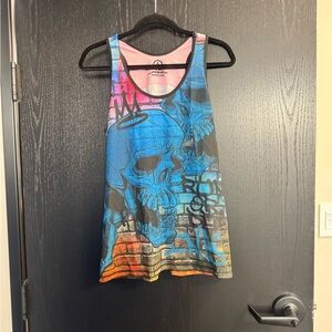 INKnBURN Run or Die Blue and Pink Skull Graphic Tank Top
